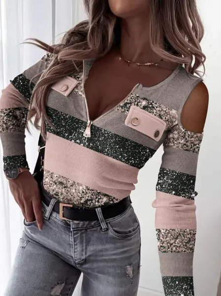 

V Neck Striped Casual Top, Multicolor, Tops