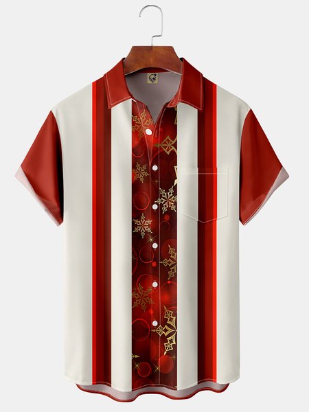 

Big Size Christmas Snowflake Chest Pocket Short Sleeve Bowling Shirt, Red, Men Shirts