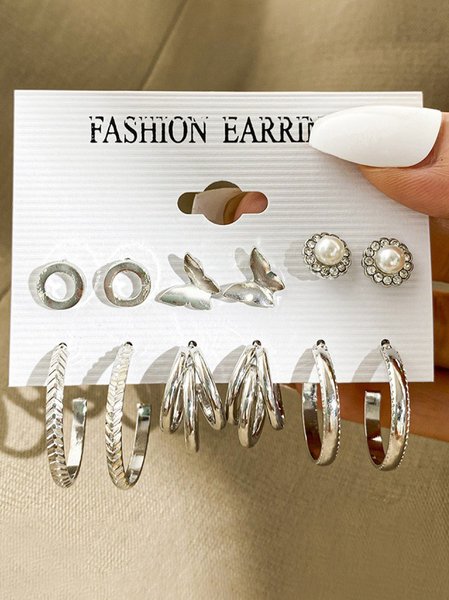 

6Pcs Casual Daily Butterfly Pattern Hoop Earrings Stud Set, Silver, Earrings