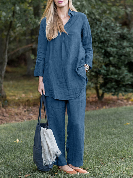 

V Neck Casual Plain Linen Two-Piece Set, Blue, Suit Set