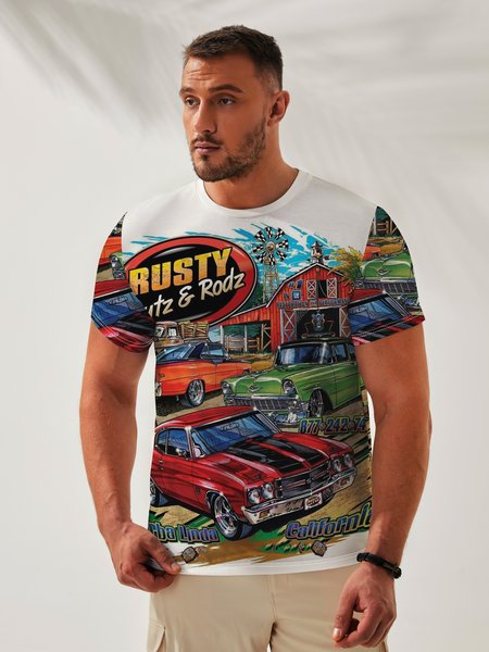 

Car Crew Neck Casual T-Shirt, White, Men's t-shirts