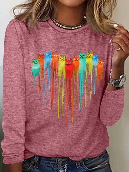 Women's Heart Cat Print Casual Top, Rose red, Long sleeves
