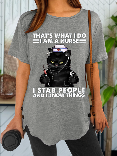 

Women‘s Funny Word Black Cat That's What I Do I Am A Nurse Crew Neck Casual T-Shirt, Gray, T-shirts