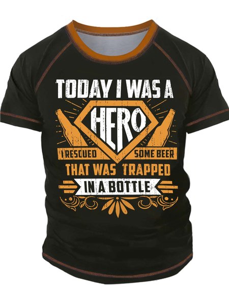 

Men’s Today I Was A Hero I Rescued Some Beer That Was Trapped In A Bottle Text Letters Casual T-Shirt, Green, T-shirts
