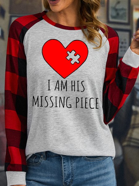 

Women's I Am His Missing Piece Funny Valentine's Day Gift Couple Buffalo Plaid Graphic Print Loose Crew Neck Top, White, Shirts & Blouses