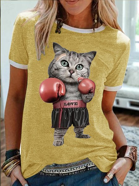 

Women's Boxing Cat Funny Graphic Print Cotton-Blend Text Letters Casual Crew Neck T-Shirt, Yellow, T-shirts