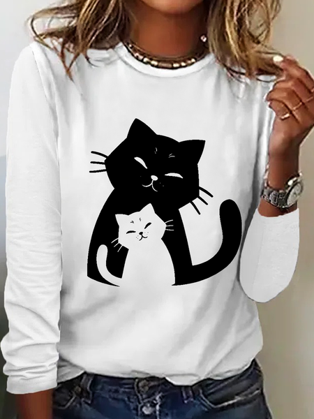 

Women's Funny Cat Cotton-Blend Simple Long Sleeve Top, White, Long sleeves