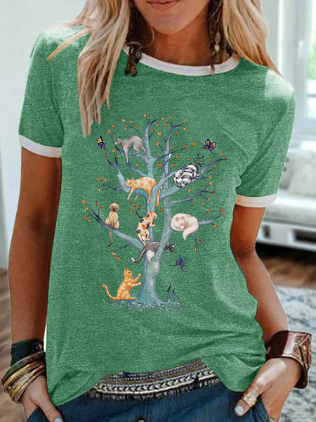 

Women's Funny Cat Lover Simple Crew Neck Regular Fit T-Shirt, Green, T-shirts