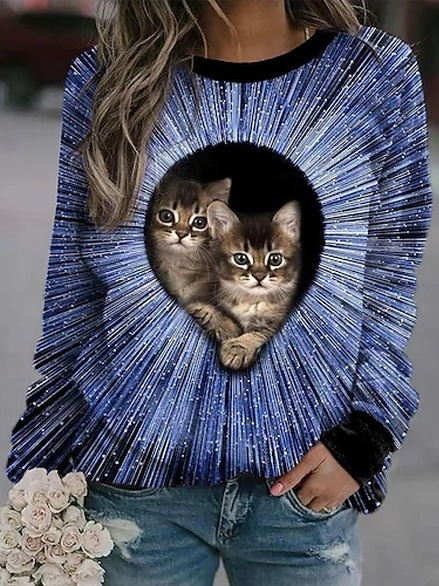 

Casual Crew Neck Cat Loose Sweatshirt, Blue, Sweatshirts & Hoodies