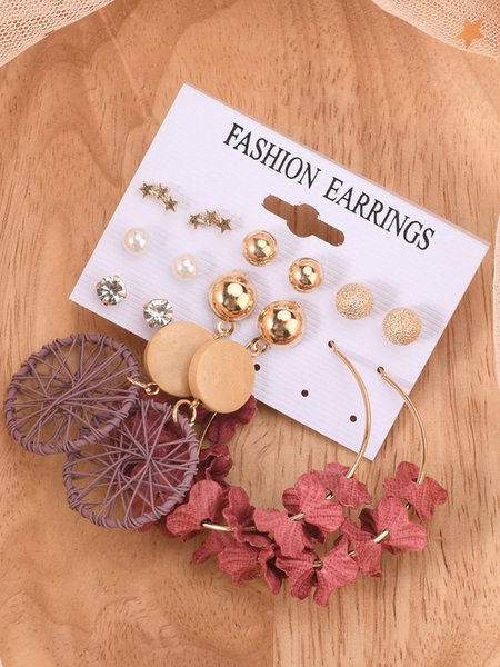 

7Pcs Boho Vacation Floral Pattern Geometric Stud Earrings Daily Commuter Beach Jewelry, Golden, Earrings