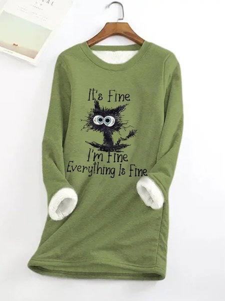 

Loose Cat Casual Crew Neck Text Letters T-Shirt, Green, T-Shirts