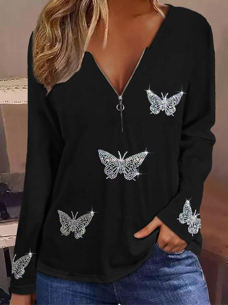 

Hot Drilling Butterfly Casual Loose T-Shirt, Black, Tops