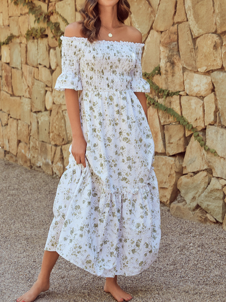 

Boat Neck Floral Casual Loose Dress, White, Dresses
