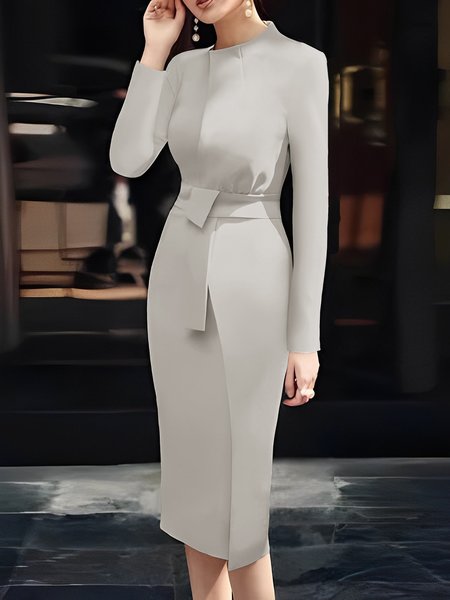 Plain Elegant Regular Fit Crew Neck Dress, White-gray, Midi Dresses