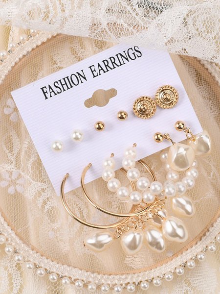 

6Pcs Elegant Pearl Earring Stud Set Daily Commuting Party Jewelry, Golden, Earrings