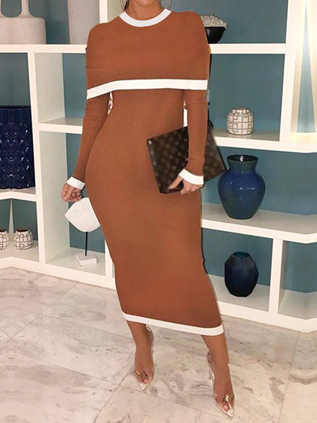 

High Elasticity Elegant Tight Long sleeve Long Dress, Brown, Maxi Dresses