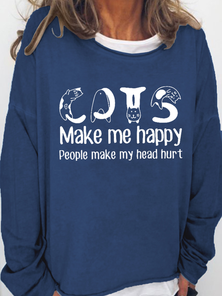 

Women's Funny Cat Make Me Happy Animal Loose Crew Neck Simple Sweatshirt, Dark blue, Hoodies&Sweatshirts
