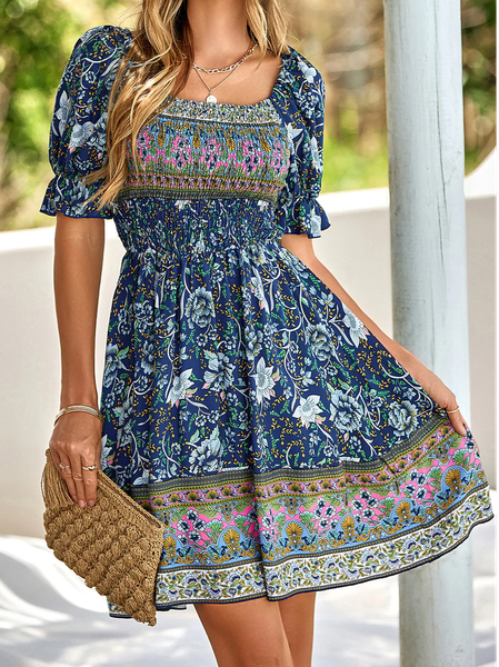 

Square Neck Floral Loose Casual Dress, Blue, Dresses