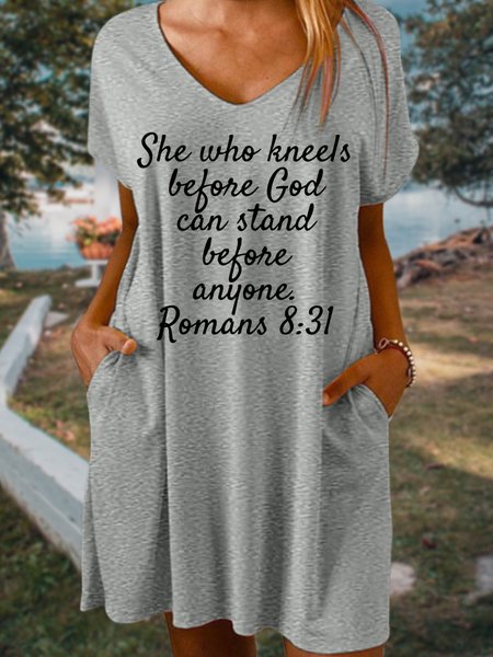 

Bible She Who Kneels Before God Can Stand Before Anyone Women's V Neck Dress, Gray, Dresses