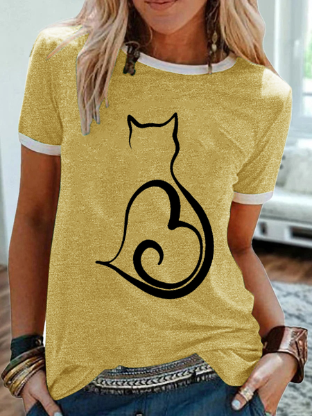 

Women's Lover Cat Heart Crew Neck Simple T-Shirt, Yellow, T-Shirts
