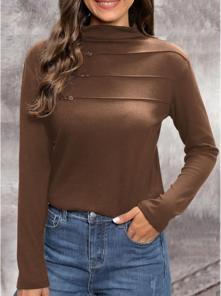 

Loose Half Turtleneck Casual Plain T-Shirt, Coffee, T-Shirts