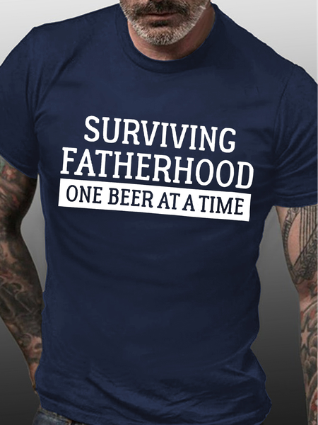 

Men's Surviving Fatherhood One Beer At A Time Funny Graphic Print Text Letters Cotton Casual Crew Neck T-Shirt, Purplish blue, T-shirts