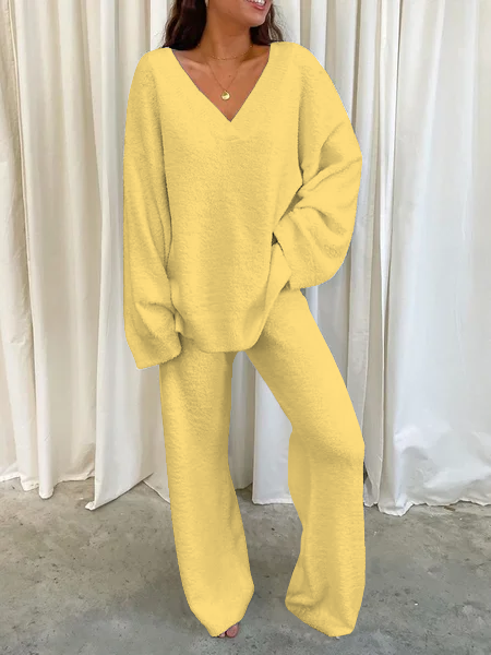 

Women's 2PCS Fluffy V Neck Solid Casual Two Pieces Set, Yellow, Suit Set