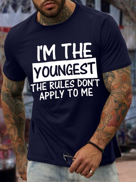 

Men's I Am The Youngest The Rules Don't Apply To Me Funny Graphic Print Cotton Text Letters Casual Crew Neck T-Shirt, Purplish blue, T-shirts