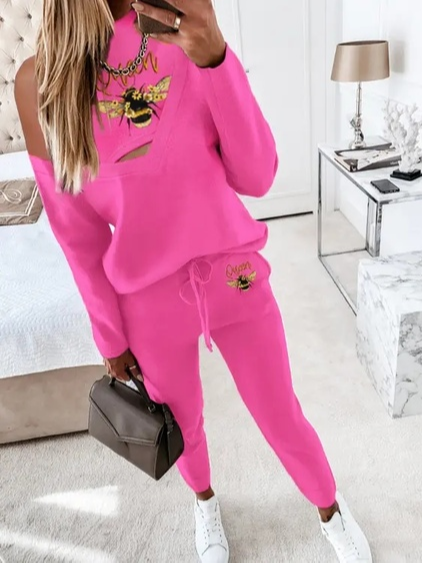 

Animal Crew Neck Casual Loose Two-Piece Set, Deep pink, Suit Set