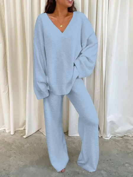 Casual Loose V Neck Household Two Piece Set, Blue, Sets