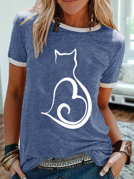 Women's Lover Cat Heart Crew Neck Simple T Shirt