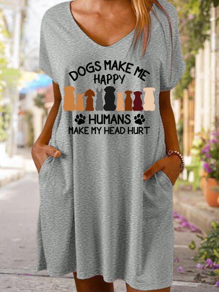 

Dogs Make Me Happy Humans Make My Head Hurt Women's V Neck Dress, Gray, Dresses