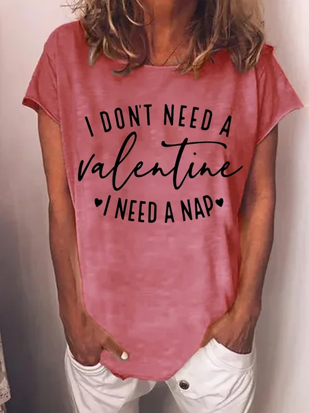 

Women's I Don't Need Valentine I Need A Nap Funny Graphic Print Casual Crew Neck Cotton-Blend Loose T-Shirt, Red, T-Shirts