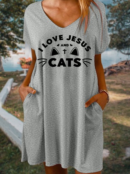 

I Love Jesus And Cats Women's V Neck Dress, Gray, Dresses
