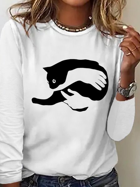 

Women's Cat Print Casual Crew Neck Top, White, Long sleeves