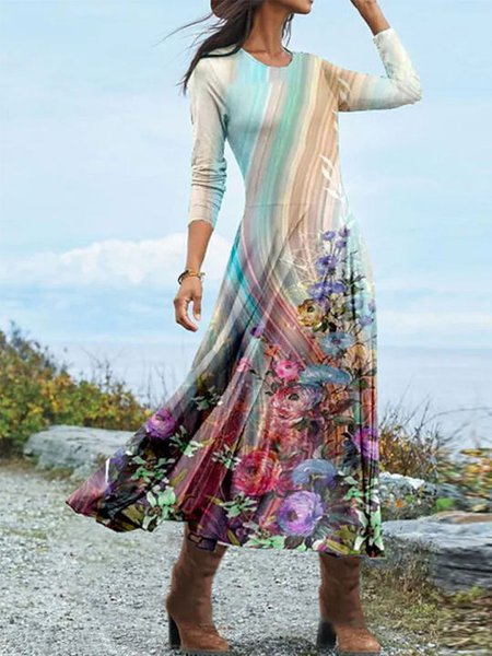

Crew Neck Floral Casual Loose Dress, Multicolor, Dresses