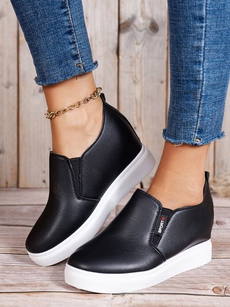 

Letter Patched Slip On Wedge Shoes, Black, Flats