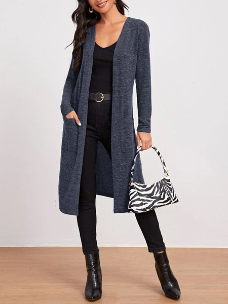 

Loose Plain Casual Cross Neck Other Coat, Blue, Cardigans