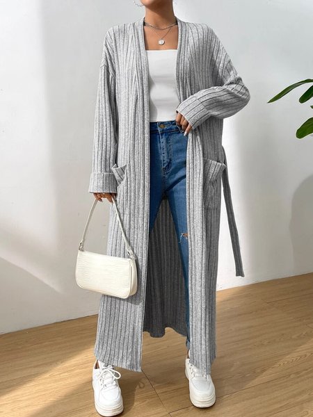 

Loose Striped Casual Cross Neck Overcoat, Gray, Coats