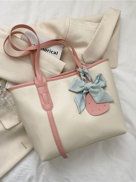 Large Capacity Ribbon Contrast Tote Bag, Pink, Women's Bags
