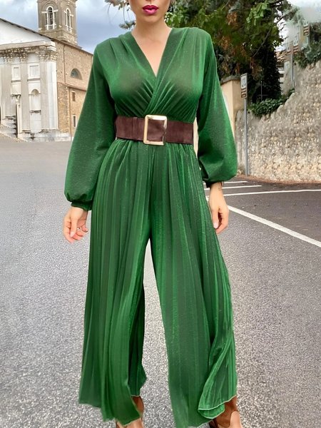 

Elegant Cross Neck Plain Regular Fit Long Sleeve Jumpsuit, Green, Jumpsuits