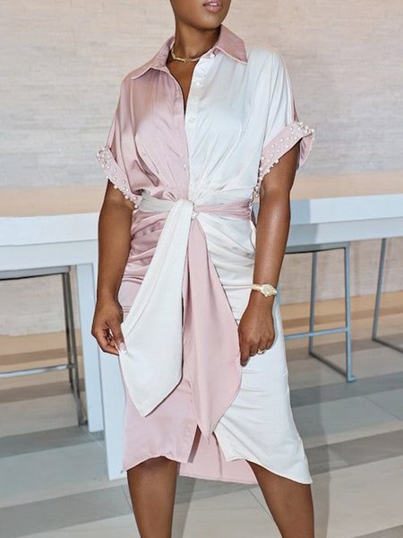 

Color Block Shirt Collar Elegant Regular Fit Dress, Pink, Midi Dresses