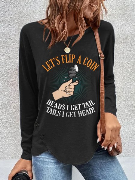 

Flip A Coin Crew Neck Casual Loose Top, Black, Long sleeve tops