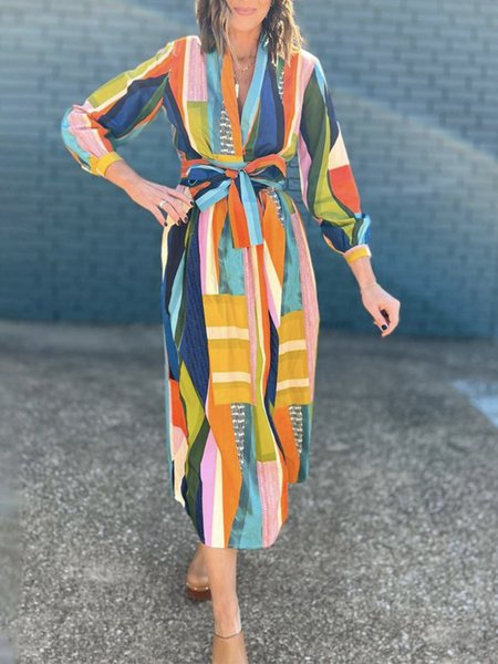 

Long sleeve Regular Fit V Neck Elegant Dress, Blue, Midi Dresses