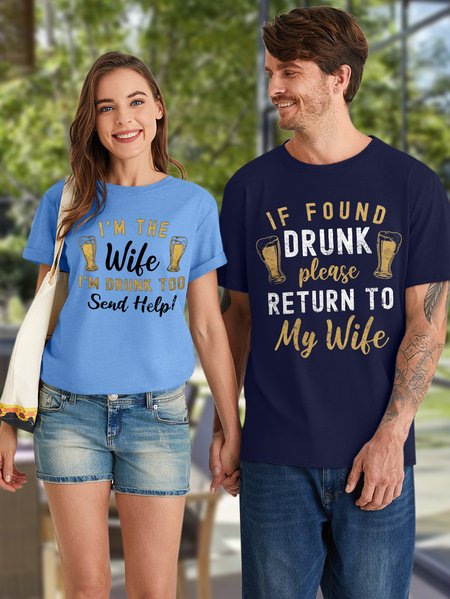 

Men's If Found Drunk Please Return To My Wife Funny Graphic Print Valentine's Day Gift Couple Casual Text Letters Loose Cotton T-Shirt, Purplish blue, T-shirts