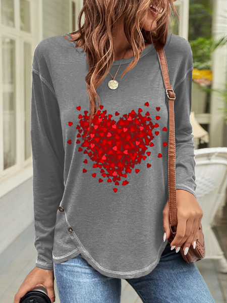 

Casual Heart/Cordate Crew Neck Long Sleeve T-shirt, Gray, T-shirts
