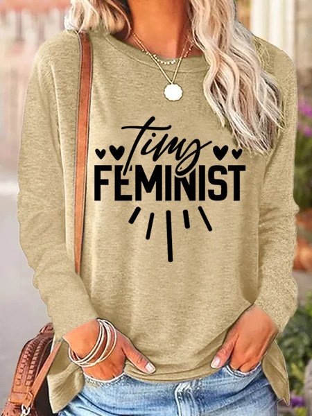 

Feminism Loose Casual Crew Neck T-Shirt, Khaki, Long sleeve tops