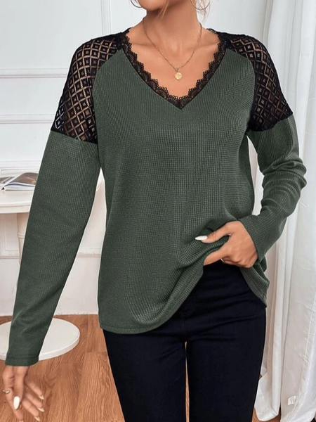

Casual Loose V Neck Knitted Top, Dark green, Tops