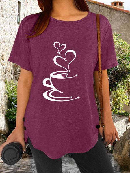 

Women's Coffee Lover Print Casual Crew Neck T-Shirt, Wine red, T-shirts