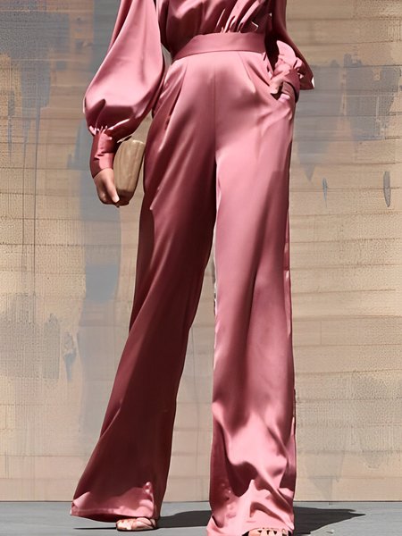 

Satin Regular Fit Plain Fashion Pants, Pink, Pants